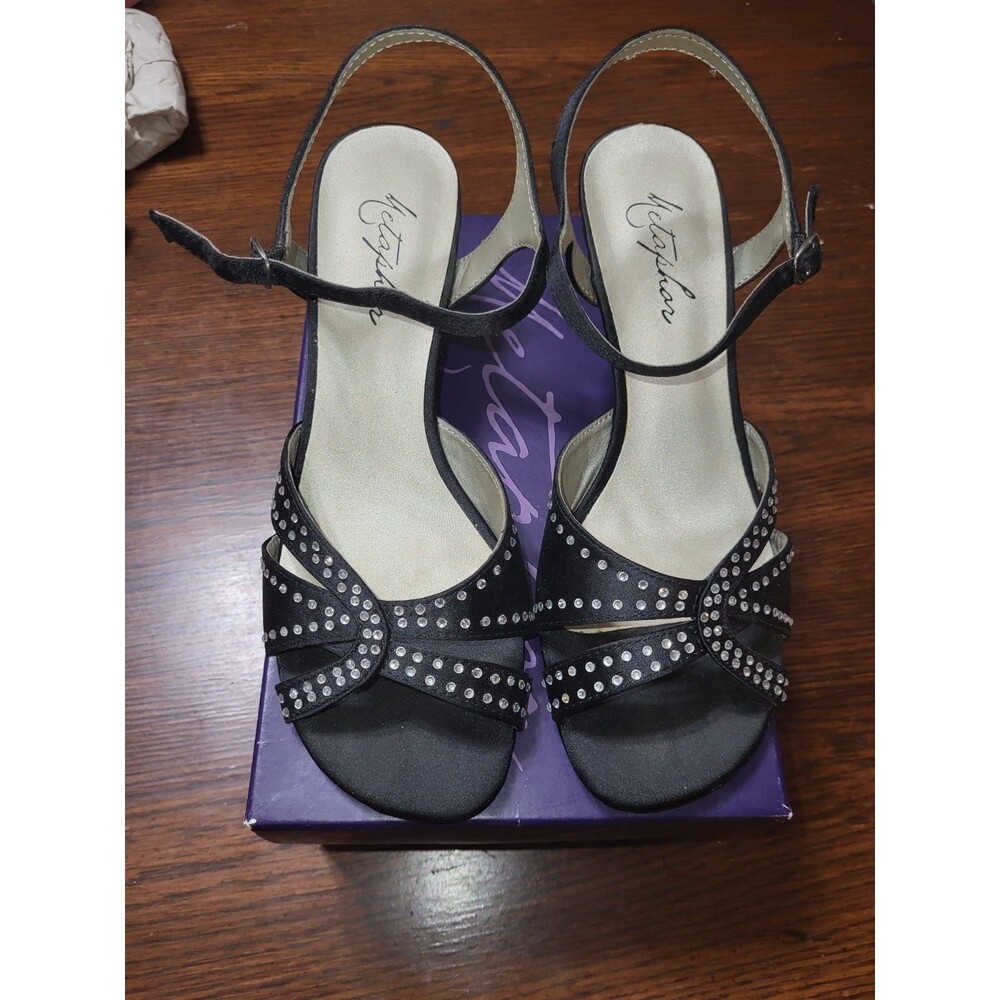 Metaphor Tristan Black Satin Rhinestone Dress Sandals Heels Ankle Strap Size...